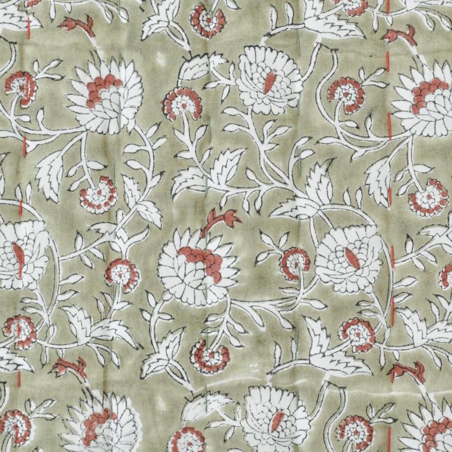 Green Floral Block Print Quilt – Handmade Cotton Bedspread, French Country Farmhouse Cottage Bedding
