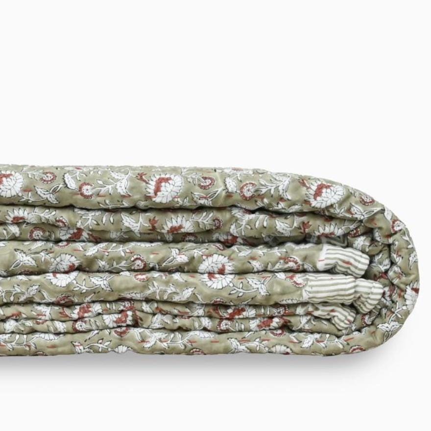 Green Floral Block Print Quilt – Handmade Cotton Bedspread, French Country Farmhouse Cottage Bedding