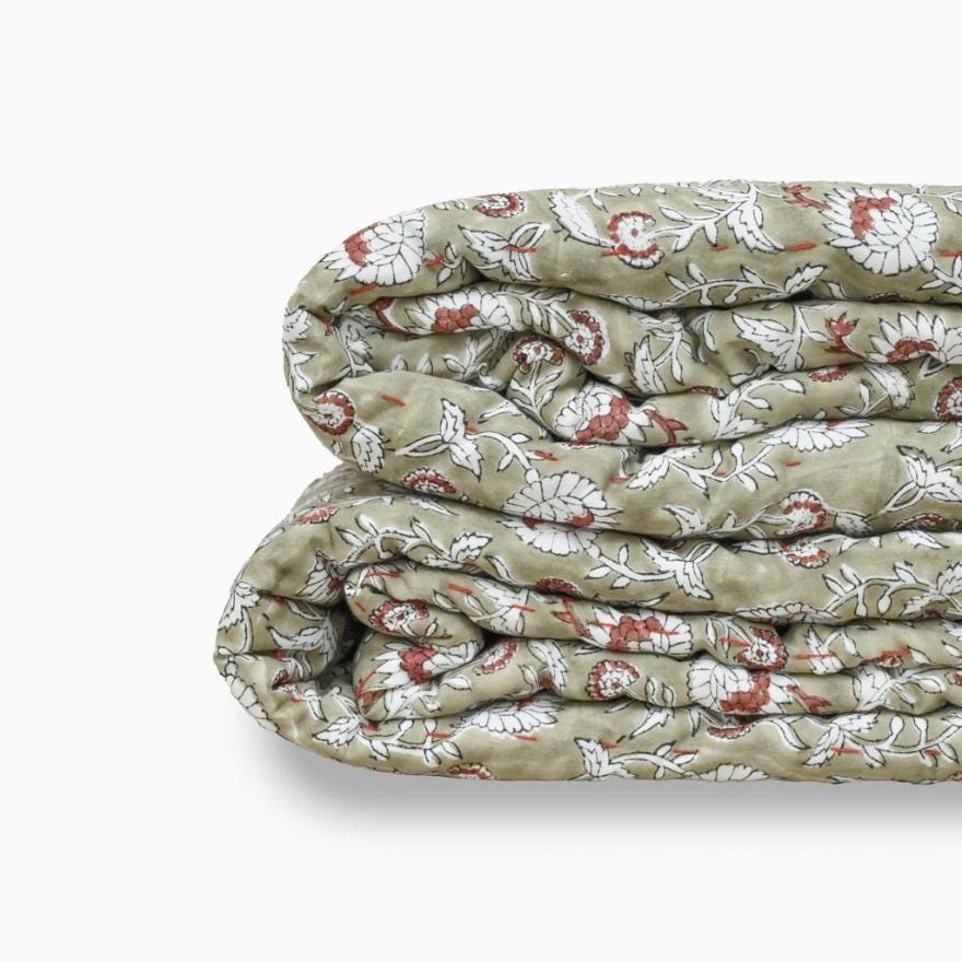 Green Floral Block Print Quilt – Handmade Cotton Bedspread, French Country Farmhouse Cottage Bedding