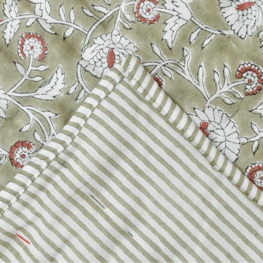 Green Floral Block Print Quilt – Handmade Cotton Bedspread, French Country Farmhouse Cottage Bedding