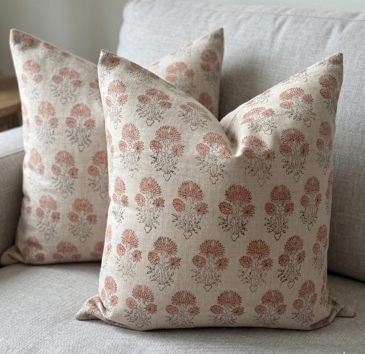 Peach Floral Linen Pillow Cover – Hand Block Printed Farmhouse Throw Pillow