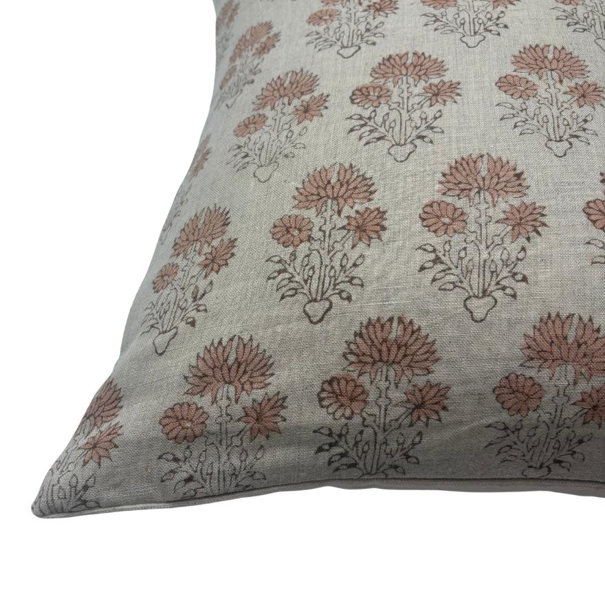 Peach Floral Linen Pillow Cover – Hand Block Printed Farmhouse Throw Pillow