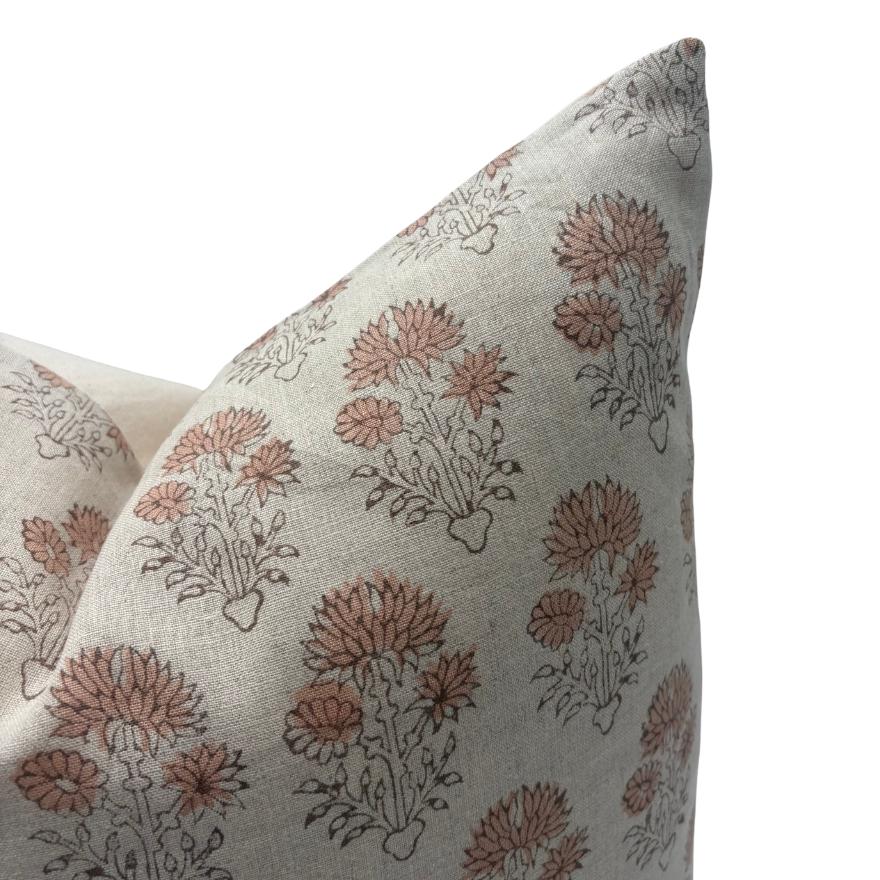 Peach Floral Linen Pillow Cover – Hand Block Printed Farmhouse Throw Pillow