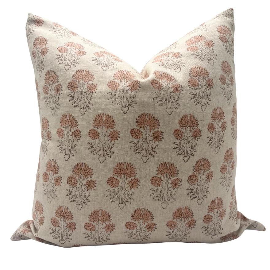 Peach Floral Linen Pillow Cover – Hand Block Printed Farmhouse Throw Pillow