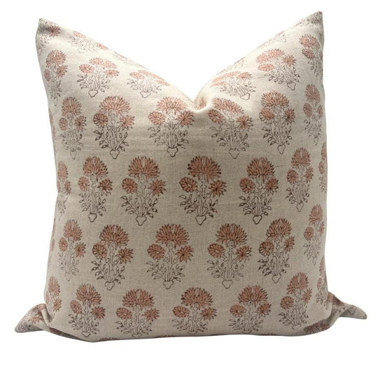 Peach Floral Linen Pillow Cover – Hand Block Printed Farmhouse Throw Pillow