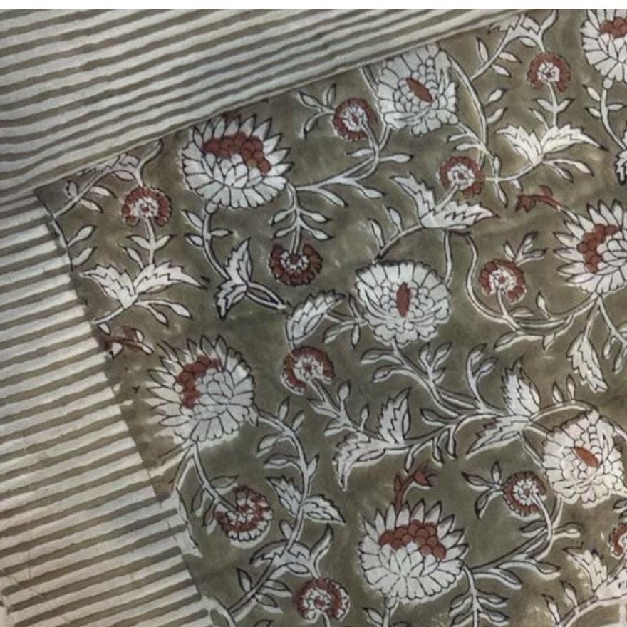 Green Floral Block Print Quilt – Handmade Cotton Bedspread, French Country Farmhouse Cottage Bedding