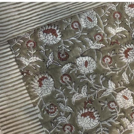Green Floral Block Print Quilt – Handmade Cotton Bedspread, French Country Farmhouse Cottage Bedding