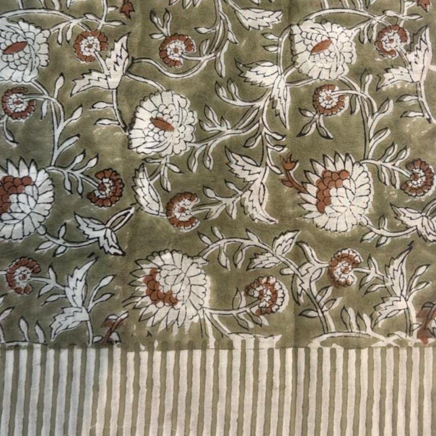 Green Floral Block Print Quilt – Handmade Cotton Bedspread, French Country Farmhouse Cottage Bedding