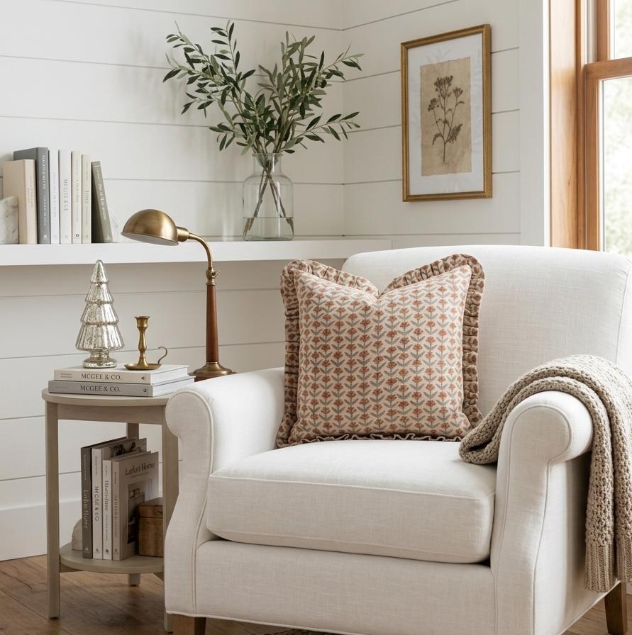 Rust Floral Ruffled Linen Pillow Cover