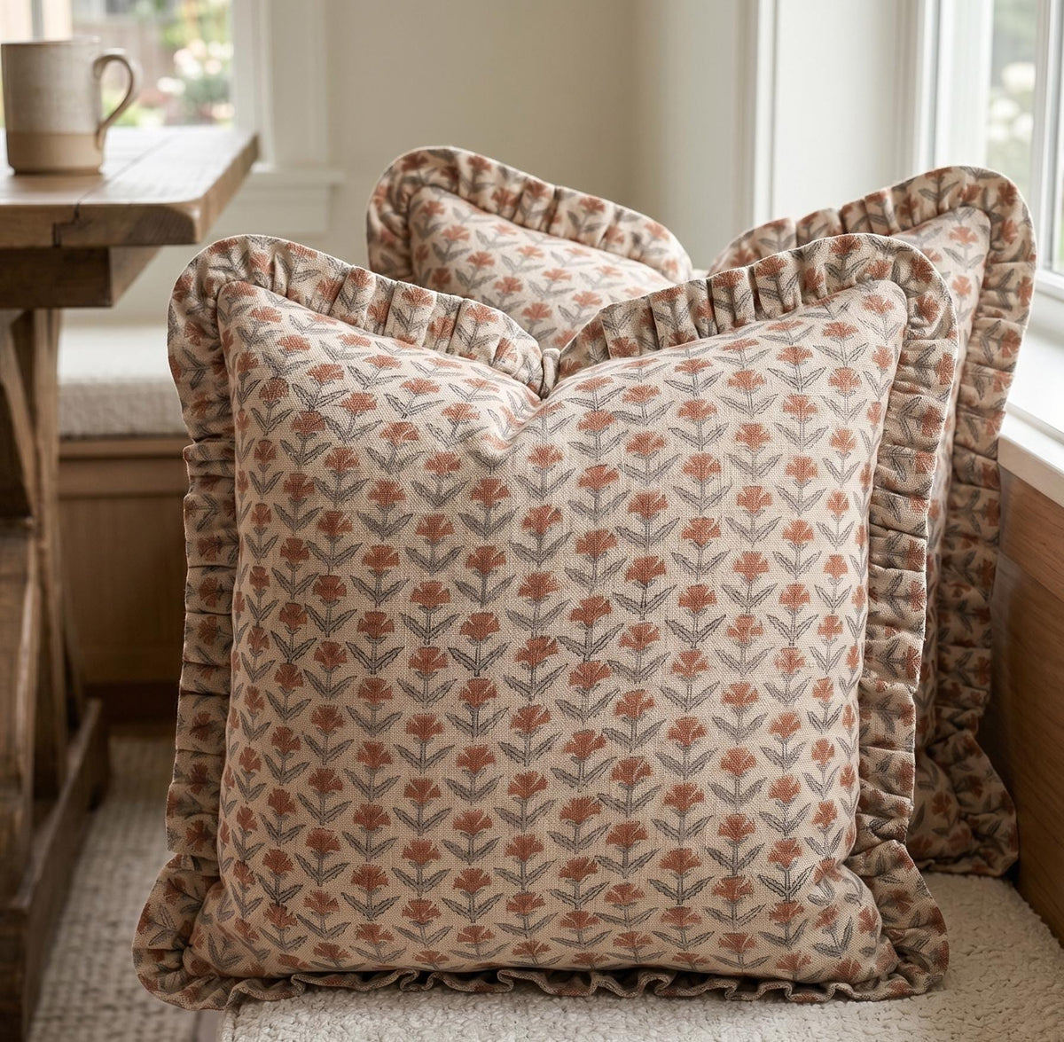 Rust Floral Ruffled Linen Pillow Cover