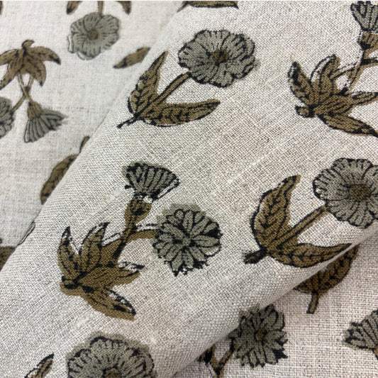 Block Printed Linen Upholstery Fabric by the Yard