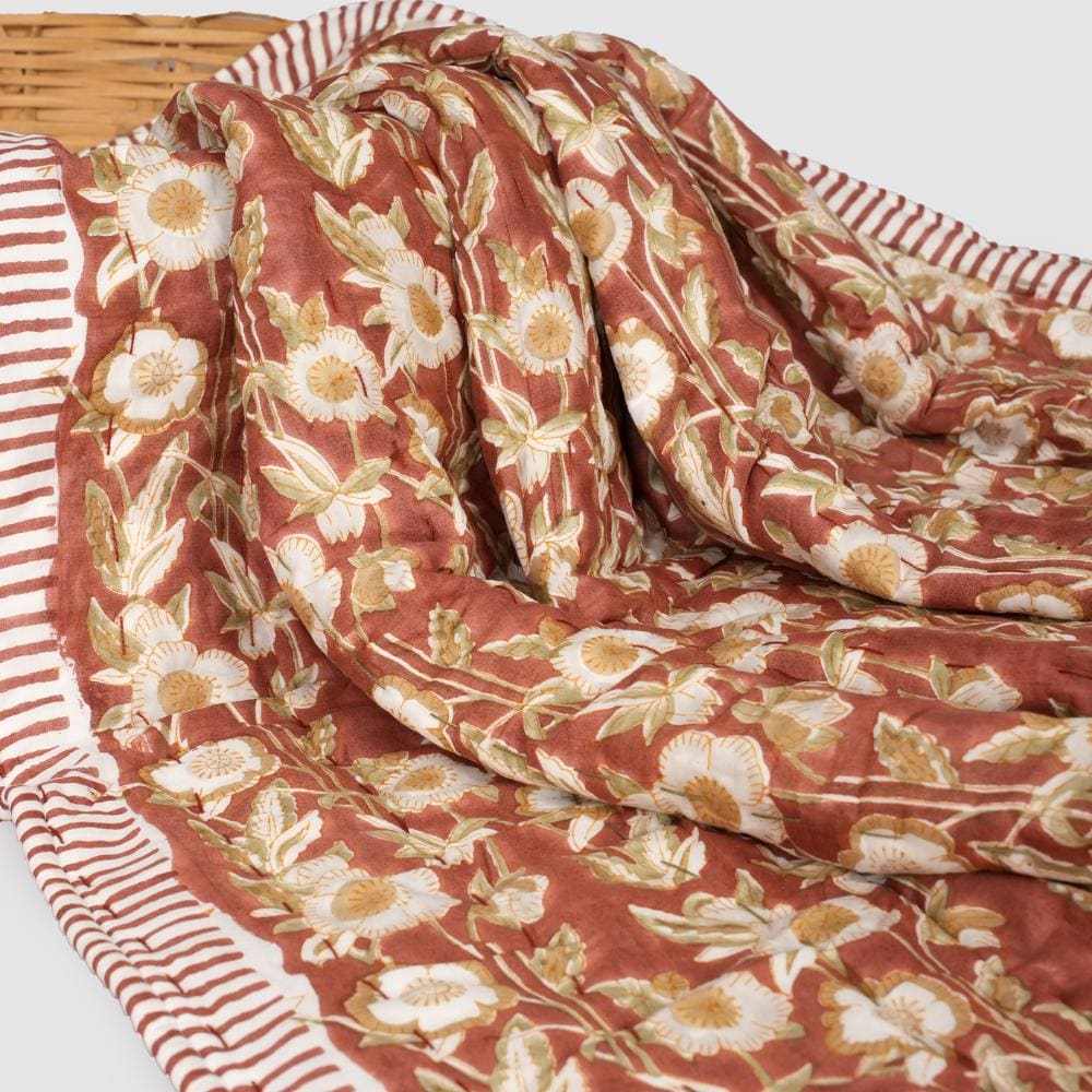 Floral Cotton Quilt – Hand Block Printed Cottage Farmhouse Bedding
