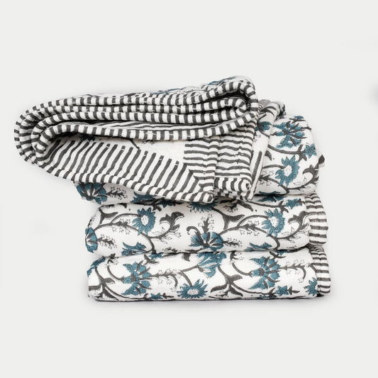 Hand Block Printed Cotton Quilt – Fall Floral Farmhouse Bedding