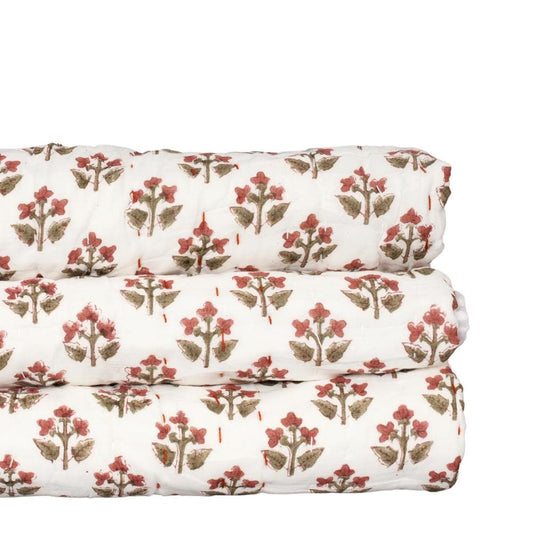 Red Floral Block Print Quilt – Cottage Farmhouse Cotton Bedding