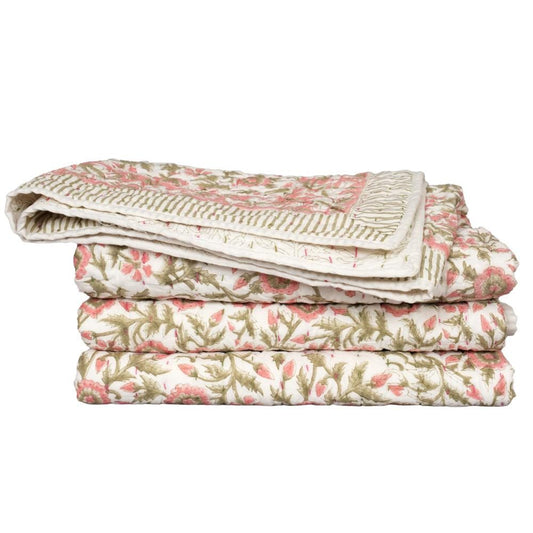 Pink Floral Cotton Quilt – Hand Block Printed Cottage Bedding