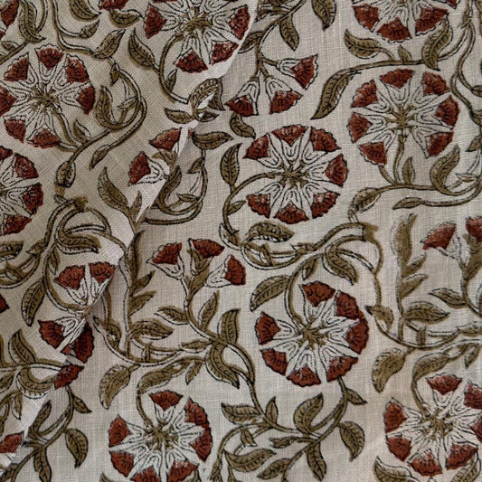 Green Upholstery Fabric by the Yard – Hand Block Printed Linen Fabric for Curtains, Pillows & Home Decor