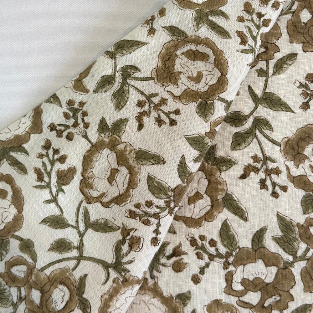 Green Upholstery Fabric by the Yard – Hand Block Printed Linen Fabric for Curtains, Pillows & Home Decor