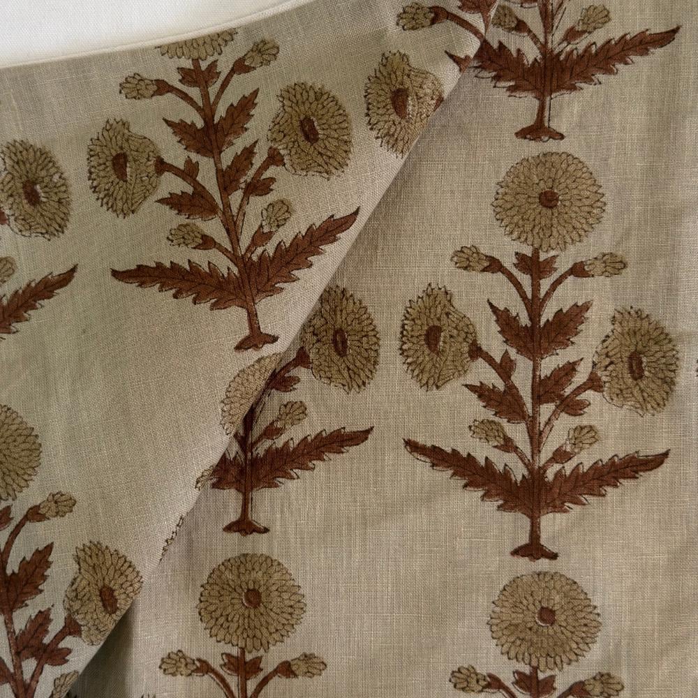 Hand Block Printed Linen Upholstery Fabric by the Yard – Floral Home Decor Fabric for Curtains & Pillows