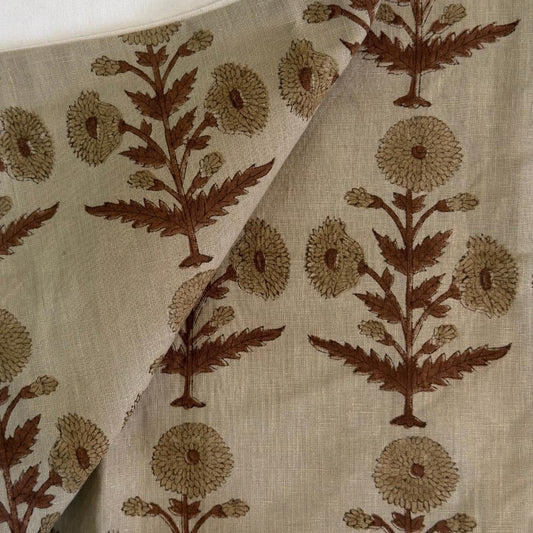 Hand Block Printed Linen Upholstery Fabric by the Yard – Floral Home Decor Fabric for Curtains & Pillows