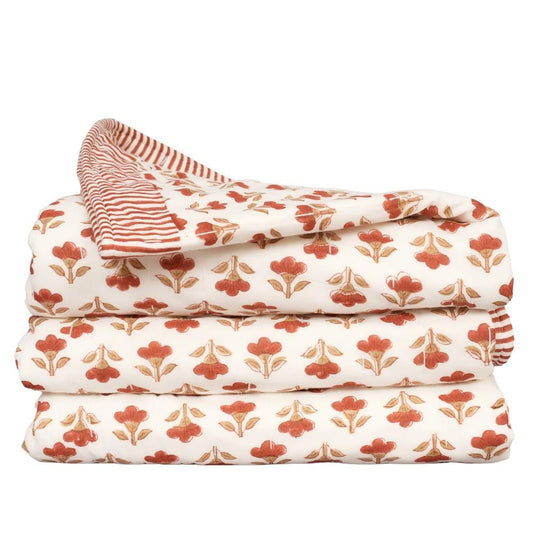 Floral Block Print Quilt – Handmade Cotton Bedspread, French Country Cottage Farmhouse Bedding