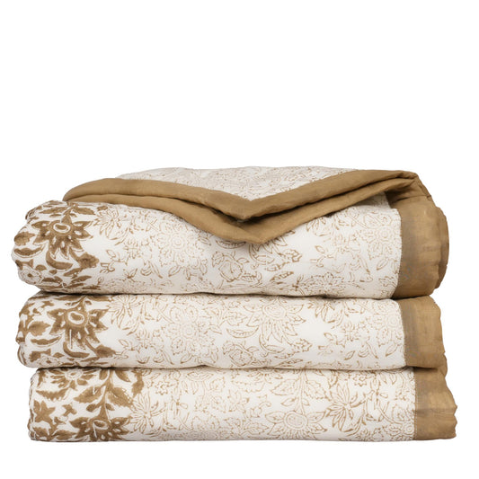 Brown Floral Block Print Quilt – Handmade Cotton French Country Cottage Farmhouse Bedding