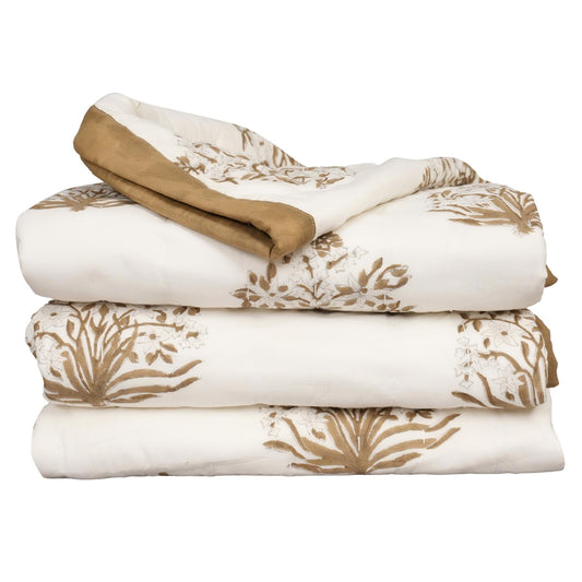 Brown Floral Block Print Quilt – Cotton Bedspread, French Country Farmhouse Cottage Bedding