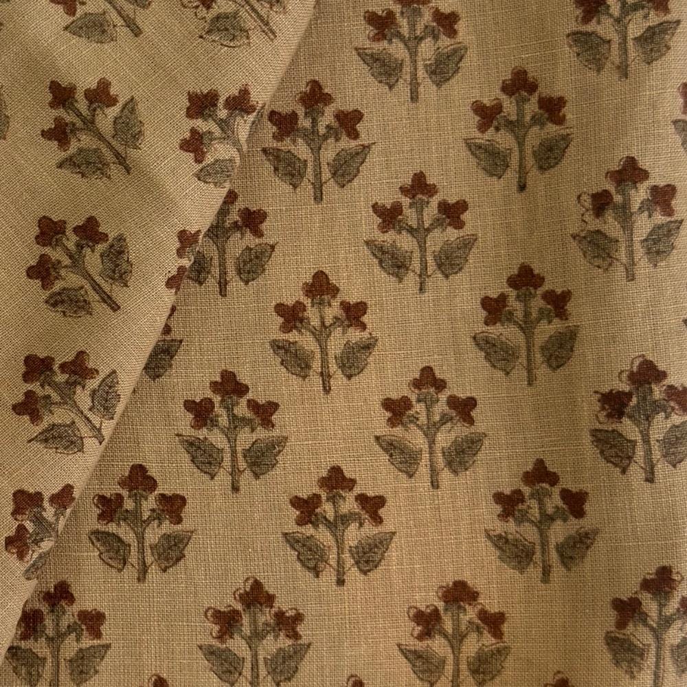 Floral Linen Upholstery Fabric by the Yard – Hand Block Printed Home Decor Fabric for Curtains & Pillows