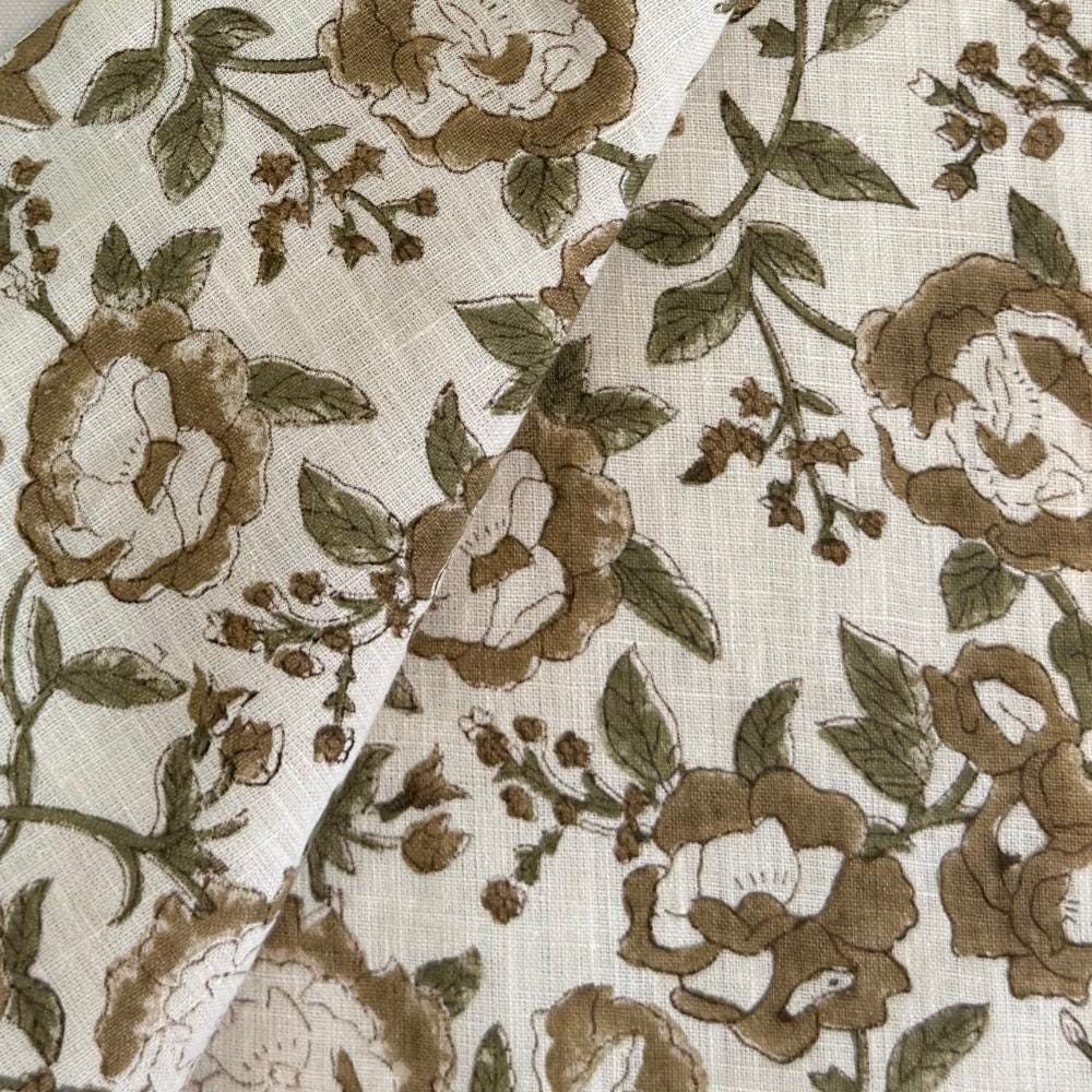 Green Upholstery Fabric by the Yard – Hand Block Printed Linen Fabric for Curtains, Pillows & Home Decor