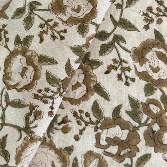Green Upholstery Fabric by the Yard – Hand Block Printed Linen Fabric for Curtains, Pillows & Home Decor