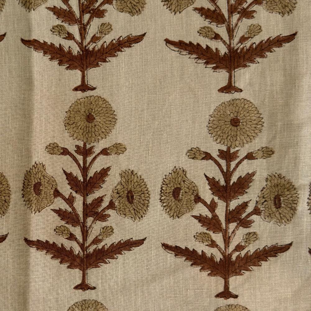 Hand Block Printed Linen Upholstery Fabric by the Yard – Floral Home Decor Fabric for Curtains & Pillows
