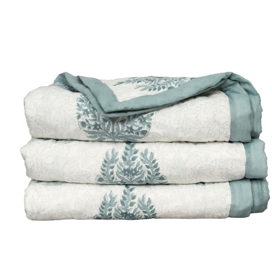 Blue Floral Block Print Quilt – Handmade Cotton Bedspread, French Country Cottage Farmhouse Bedding