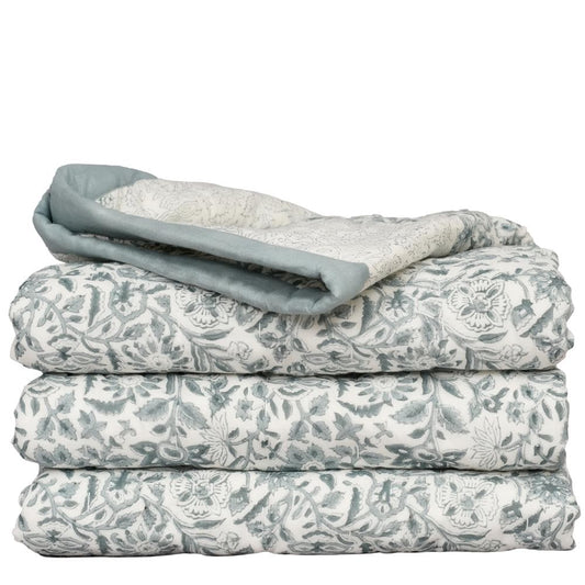 Blue Floral Block Print Quilt – Handmade Cotton Bedspread, French Country Cottage Farmhouse Bedding