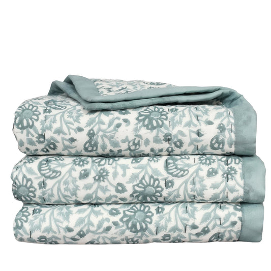 Blue Floral Block Print Quilt – Handmade Cotton Bedspread, French Country Cottage Farmhouse Bedding