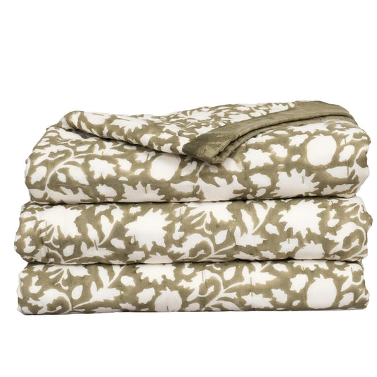 Green Floral Block Print Quilt – Handmade Cotton Bedspread, French Country Cottage Farmhouse Bedding