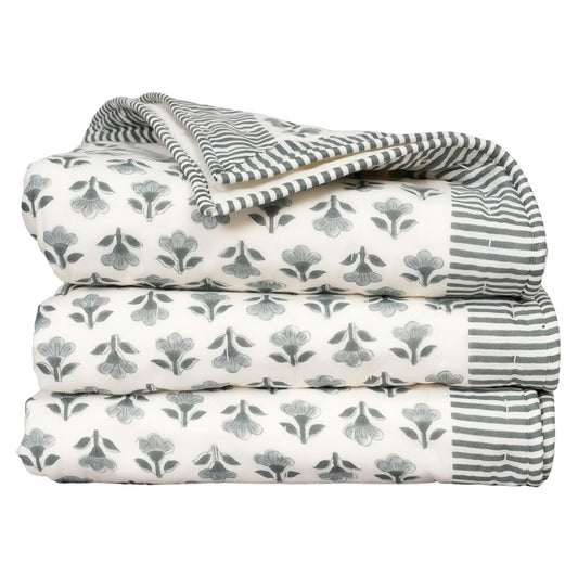 Blue Floral Block Printed Quilt – Handmade Cotton Bedding, French Country Farmhouse Bedspread