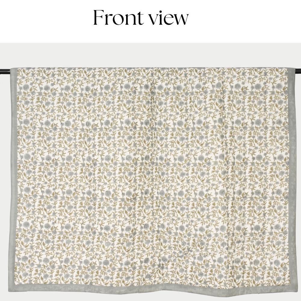 Blue Gray Floral Block Print Quilt – Handmade Cotton Bedspread, French Country Cottage Farmhouse Bedding