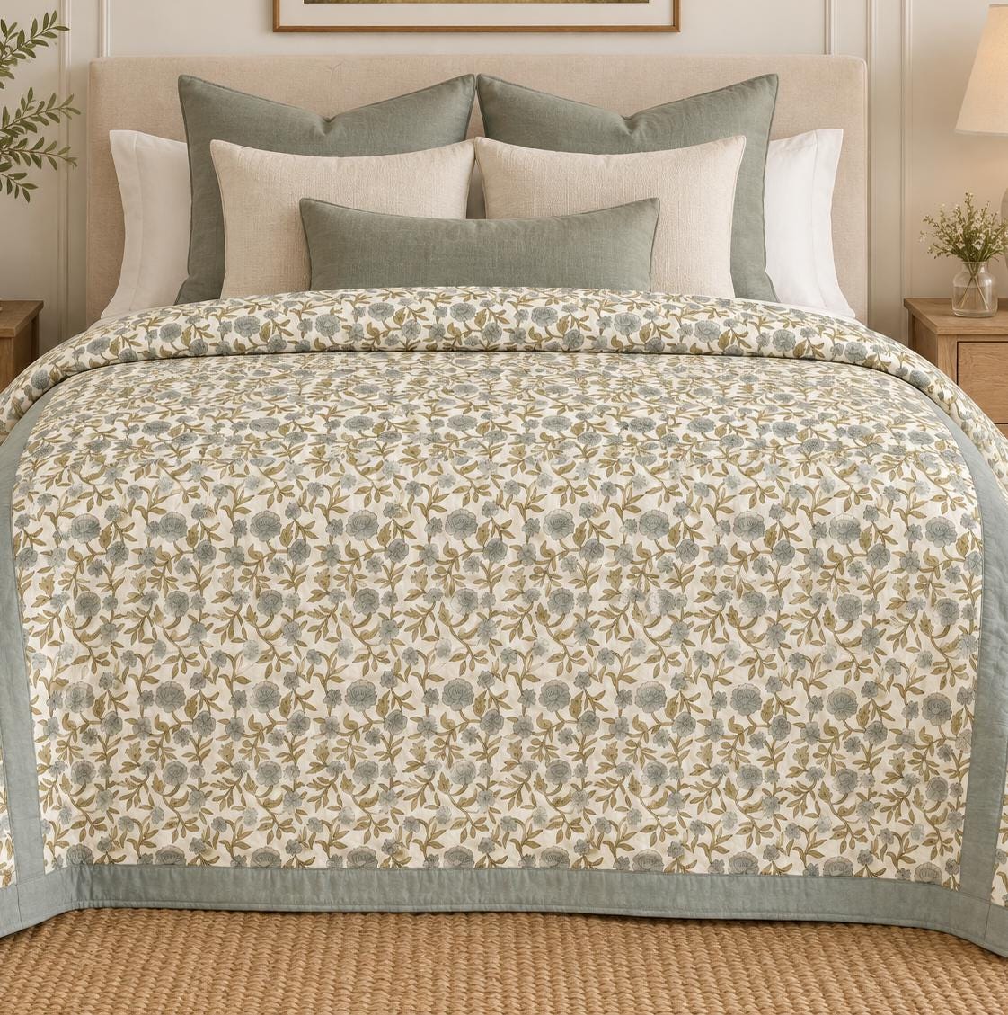 Blue Gray Floral Block Print Quilt – Handmade Cotton Bedspread, French Country Cottage Farmhouse Bedding