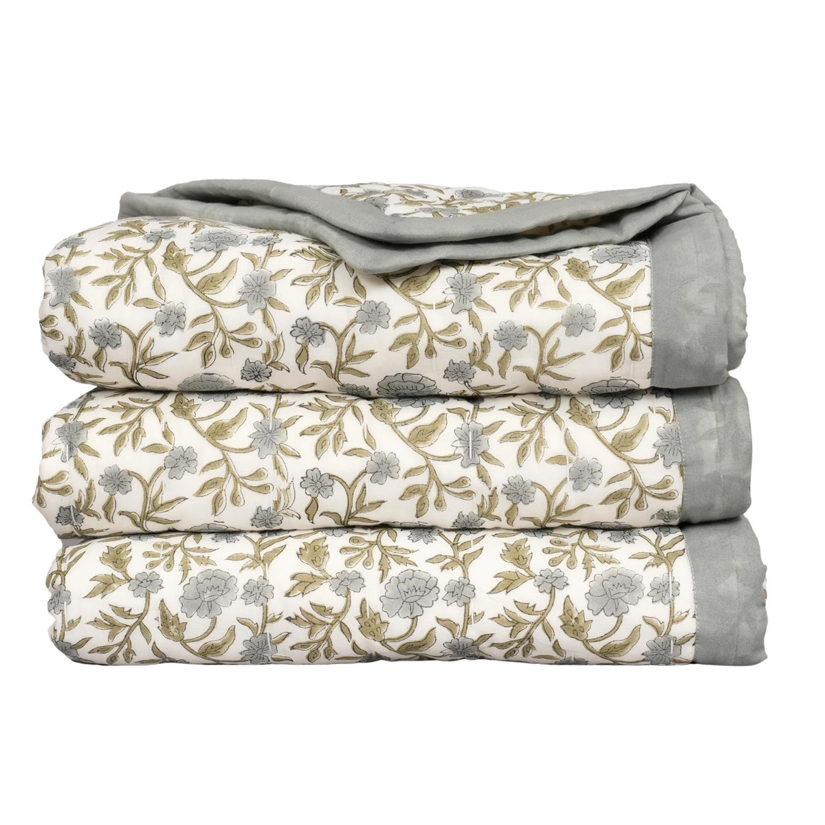 Blue Gray Floral Block Print Quilt – Handmade Cotton Bedspread, French Country Cottage Farmhouse Bedding