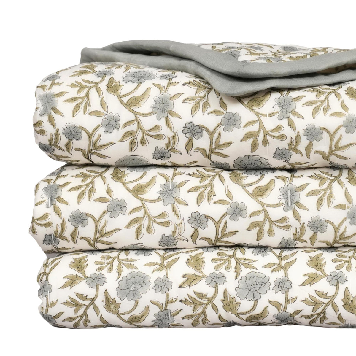 Blue Gray Floral Block Print Quilt – Handmade Cotton Bedspread, French Country Cottage Farmhouse Bedding