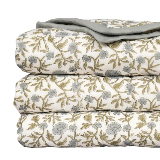 Blue Gray Floral Block Print Quilt – Handmade Cotton Bedspread, French Country Cottage Farmhouse Bedding