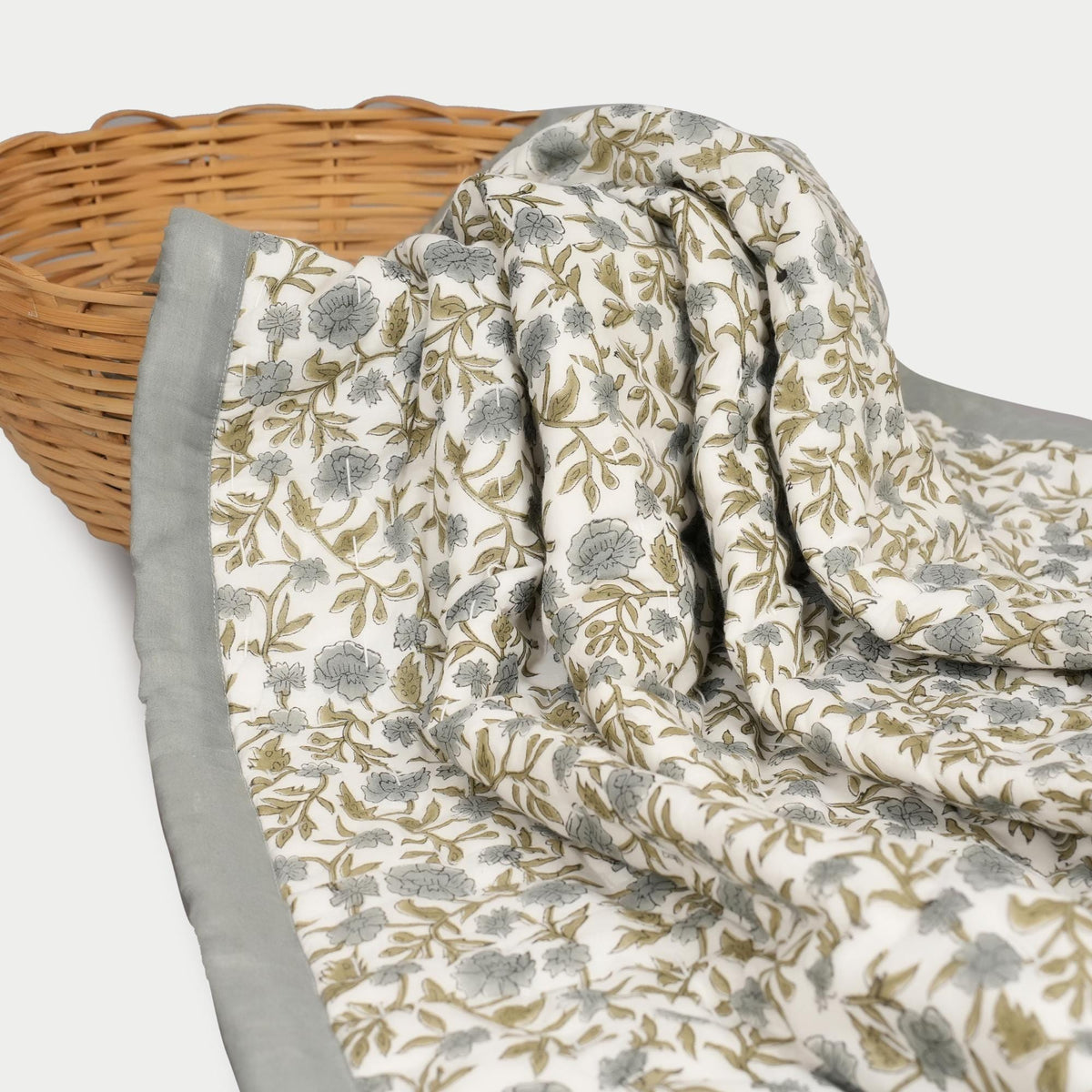 Blue Gray Floral Block Print Quilt – Handmade Cotton Bedspread, French Country Cottage Farmhouse Bedding