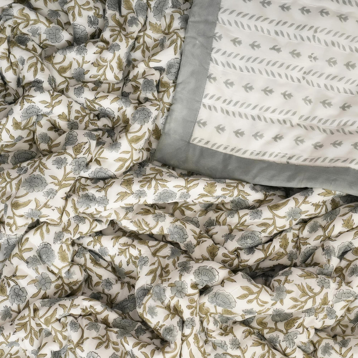 Blue Gray Floral Block Print Quilt – Handmade Cotton Bedspread, French Country Cottage Farmhouse Bedding